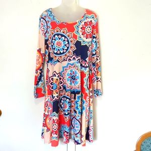 Long sleeve Colorful pattern Swing Dress Sz XL red, blue, green, white tan